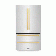 ZLINE RFMZ36FG 36 in. 22.5 cu. ft 4-Door French Door Refrigerator with Ice Maker SS W/Polished Gold Modern Handles