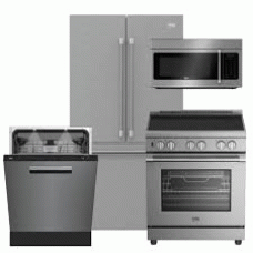 beko 4 Stainless Steel Appliance Package : 30 inch Slide-in Electric Smooth Top Range True European Convection Oven Warming Drawer, 48 dBA Dishwasher, 1.6CF OTR MW 300CFM Stainless Steel Interior, 30 Inch Counter-Depth Smart French Door Refrigerator 