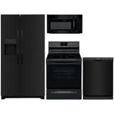 FRIGIDAIRE 4 Black APPLIANCE PACKAGE: SMOOTHTOP ELECTRIC RANGE Self Clean OVEN, 1.8CF OTR MW 300 CFM, Dishwasher  62 dBA, 25.6 Cu. Ft. Side-by-Side Refrigerator External Ice/Water Dispenser