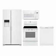 Frigidaire WHITE 4 APPLIANCE PACKAGE : SMOOTHTOP ELECTRIC RANGE Self Clean OVEN, 1.8CF OTR MW 300 CFM, 55 dBA Dishwasher Energy Star, 33 inchW Side-by-Side Refrigerator External Ice/Water Dispenser