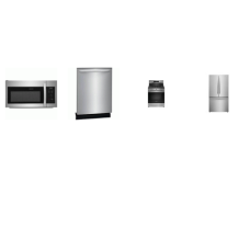 Frigidaire 4PCS STAINLESS STEEL APPLIANCE PACKAGE: Continuous Grates 5 Sealed Burner Gas Range Convection Oven Air Fry, 1.8CF OTR MW 300 CFM, Fully Integrated Dishwasher 52dba, 28.8 Cu. Ft. French Door Refrigerator Water Filter Internal Water Dispens