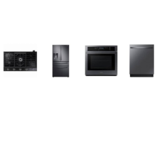 Samsung 4 Black STAINLESS STEEL PKG: 30 Inch Single Wall Oven 5.1 Cu. Ft. Self Clean, 30 inch Gas Cooktop with 22K BTU True Dual Power Burner, 44 dBA Dishwasher Third Rack Half Load, 28 cu. ft. 4-Door French Door Refrigerator External Watrer Ice Disp