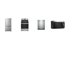 Whirlpool 4 STAINLESS : 5 Burners Gas Range Oven, OTR MW, 3rd Rack 51 dBA Dishwasher, 33 inchW 21.9CF Pull-Out Bottom-Freezer Refrigerator Ice Maker 