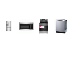 Frigidaire 4 Stainless : ELECTRIC RANGE Convection Air Fry OVEN, 27.8 cu. ft. French Door Refrigerator External Ice/Water Dispenser, 1.8CF OTR MW, Dishwasher 49 dba