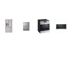 LG 4 STAINLESS APPLIANCE PKG: Slide-In Electric Range Self Clean Oven, 2.0 CF OTR MW 400CFM, Dishwasher 48 dB 3rd Rack Stainless Interior ENERGY STAR, 26.2CF French Door Refrigerator External Dual Ice/Water Dispenser LoDecibel ENERGY STAR