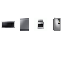 SAMSUNG 4 STAINLESS STEEL APPLIANCE PKG : 5BRS GAS RANGE Convection Oven Air Fry Griddle Voice Connectivity, Fully Integrated 3rd Rack 39 dBA Dishwasher, 1.7 cu. ft. Over-The-Range Convection Microwave 300CFM, 36 Inch Smart 4-Door Flex Refrigerator 2