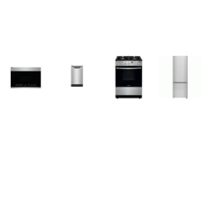 Frigidaire Apt Size 4 Stainless Steel PKG : 24 inch 12CF Bottom Freezer Refrigerator, 18 Inch Built In Dishwasher ADA Energy Star, 24 inchW 1.4 Cu. Ft. OTR MW LED Interior 300 CFM LED Lighting, 24'' SLIDE IN GAS RANGE OVEN