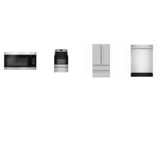 4 STAINLESS PKG: Amana Smoothtop Electric Range Oven, OTR MW, And Sharp French 4-Door Counter Depth Refrigerator W/Ice Maker, 52dB Dishwasher