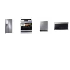 Samsung 4 STAINLESS : Slide-in Electric Range Air Fry Convection Self Clean Oven, 2.1CF OTR MW 400CFM, 3rd Rack Dishwasher 51dBA , 36 Inch Side by Side Refrigerator 27.4 Cu. Ft. External Filtered Water/Ice D