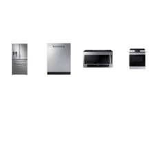 Samsung 4 STAINLESS STEEL PKG: Slide In 5 Element Electric Range Convection Self Clean Oven, 2.1CF OTR MW 400CFM, 30 Inch Slide-In Smart Gas Range Convection Oven Self Clean, Fully Integrated Dishwasher 48 dBA 3rd Rack ENERGY STAR, 28 cu. ft. 4-Door 