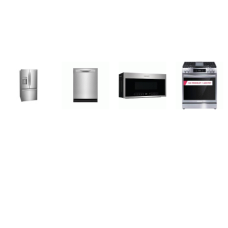 Frigidaire Gallery 4 Stainless Steel Package: Slide-in Gas 5 Burnes Range Convection Oven Air Fry, 1.9CF OTR MW 400 CFM, 52 dBA Dishwasher, 27.8 CF French Door Refrigerator External Ice/Water Dispenser
