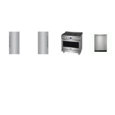 Frigidaire Professional 4 SMUDGE-PROOF STAINLESS : 36 Inch Dual Fuel Range 6 Burners Oven Dual Fan Convection, Dishwasher 47 dB, 33 Inch Refrigerator Column 18.6 Cu. Ft. Internal Water Dispenser, 19 Cu. Ft. Single-Door Freezer