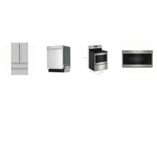 4 STAINLESS : Maytag Electric Smooth Top Range Oven, OTR MW, And Sharp 36 Inch French 4-Door Counter Depth Refrigerator W/Ice Maker, 49 dB Dishwasher