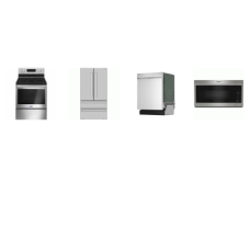 4 STAINLESS : Maytag Electric Smooth Top Range Oven Self Clean, OTR MW, And Sharp 36 Inch French 4-Door Counter Depth Refrigerator W/Ice Maker, 49 dB Dishwasher