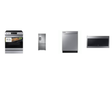 Samsung 4 STAINLESS : Slide In Electric Range Convection Oven Air Fry, 2.1 cu. ft. Over-the-Range Microwave , Dishwasher 53 dBA, 30 inchW French Door Refrigerator Ice Maker 