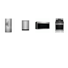 Frigidaire Gallery 4 Smudge-Proof Stainless Steel Package: 5brs Gas Range Convection Oven Air Fry Griddle, 1.9CF OTR MW 400 CFM Sensor Cook, 52 dBA Fully Integrated OrbitClean Dishwasher ENERGY STAR, Counter Depth Side by Side Refrigerator Ice Maker 