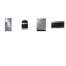 Samsung 4 STAINLESS : Side by Side Refrigerator EXT WD, 5BRS GAS RANGE Convection Oven Air Fry, 2.1cf OTR MW 400CFM, Fully Integrated Dishwasher 53 DBA