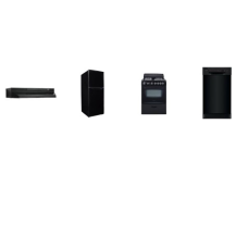 4 Black APT SIZE APPLIANCE Pkg : 24 inchW 10.1CF Refrigerator, 18 Inch Built In Dishwasher ADA 52 dB Energy Star, 24 inch Under-Cabinet Range Hood, 24 Inch Freestanding Electric Range Oven