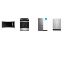 4 STAINLESS : Whirlpool 30 inch Slide In Gas Range Oven Self Clean, 1.7CF OTR MW 300 CFM, 51 dBA Dishwasher, And Element 30 Inch Freestanding Bottom-Freezer Refrigerator 18.7CF