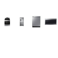 SAMSUNG 4 STAINLESS STEEL APPLIANCE PKG : 5BRS GAS RANGE Convection Oven Air Fry Griddle, 2.1cf OTR MW, Dishwasher 53 dBA, 30 inchW French Door Refrigerator Ice Maker EXT Water Dispenser