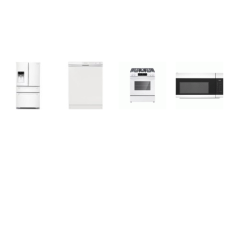 4 WHITE APPLIANCE PKG: Frigidaire Slide In Gas Range Oven, 1.7CF OTR MW 300 CFM,  55dBA Dishwasher, And SAMSUNG 31cf French 4-Door Refrigerator EXT WD