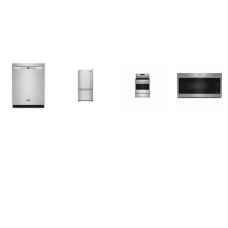 Maytag 4 STAINLESS : 5 Burners Gas Range Air Fry Convection Oven, 1.7 cu. ft. Over-the-Range Microwave 300 CFM, Dishwasher 50 dBA, 33 Inch Drawer Bottom-Freezer Refrigerator Ice Maker Energy Star