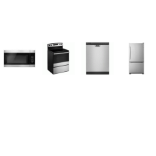 Amana 4 STAINLESS STEEL APPLIANCE PACKAGE : 1.6CF OTR MW 300 CFM, 59 dBA Dishwasher, Smooth Top Electric Range Self-cleaning Oven, 30 Inch Bottom Pull-Out Drawer Freezer Refrigerator