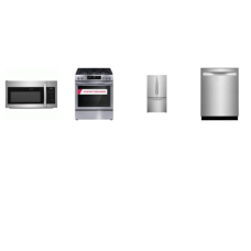 Frigidaire 4PCS STAINLESS STEEL APPLIANCE PACKAGE: 30'' Front Control Gas Range Convection Bake Oven, 1.8CF OTR MW 300 CFM, Fully Integrated Dishwasher Stainless Steel Interior 49 dBA Third Level Rack, 28.8 Cu. Ft. French Door Refrigerator Water Filt