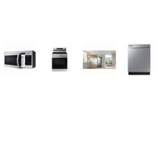 Samsung 4 STAINLESS : Electric Smoothtop Range 5 Element Oven Self Clean, 1.6cf OTR MW 300CFM, Fully Integrated Dishwasher 53DBA, 28 Inch Top-Freezer Refrigerator