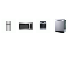 Frigidaire 4 Stainless : 5 Element Electric Slide-In Range Oven, 1.8CF OTR MW, Dishwasher 49dba, 18.3 Cu. Ft. Top Freezer Refrigerator Integrated Handle