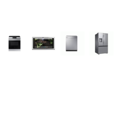 4 STAINLESS STEEL PKG: Samsung 36 Inch Smart French Door Door Refrigerator 30.5CF Dual Auto Ice Maker External Dispensers, Fully Integrated Dishwasher 3rd Rack StormWash 42 dBA, Slide In 5 Element Electric Range Convection Self Clean Oven, And GE 30 