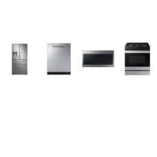 Samsung 4 STAINLESS : Slide-in 5BRS Gas Range Convection Oven Air Fry, 2.1cf OTR MW 400CFM, Dishwasher 48 dBA 3rd Rack, 28 cu. ft. 4-Door French Door Refrigerator WD