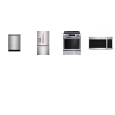 Frigidaire 4 Stainless Steel PKG: Electric Range Smooth Top Slide In Covection Self Clean Oven, 36 Inch Counter Depth French Door Refrigerator External Ice/Water Dispenser, Fully Integrated Dishwasher 52 dBA OrbitClean, 1.9CF OTR MW 400 CFM