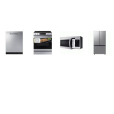 Samsung 4 STAINLESS STEEL PKG: Slide-in 5 Smoothtop Electric Range Air Fry Self Steam Clean Convection Oven, 1.6cf OTR MW 300CFM, Fully Integrated Dishwasher 48 dBA 3rd Rack ENERGY STAR, 36 Inch Counter Depth Smart 3-Door French Door Refrigerator Aut