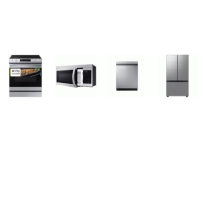 Samsung 4 STAINLESS : Slide-in Electric Range Air Fry Convection Oven, 1.6cf OTR MW 300CFM, Dishwasher 46dBA, Counter Depth Smart 3-Door French Door Refrigerator AutoFill Water Pitcher