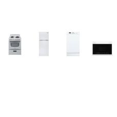 APT SIZE 4 WHITE APPLIANCE PKG: 24 inch Electric Range Glass Window Oven, 24 inchW 1.4 Cu. Ft. Over-The-Range Microwave 300 CFM, 18 inch STAINLESS INTERIOR DISHWASHER, 24 inchW 9.8-Cu.-Ft. Top Mount Refrigerator