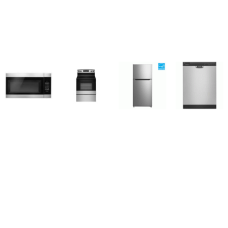 4 STAINLESS STEEL APPLIANCE PACKAGE : 59 dBA Dishwasher, 1.6CF OTR MW 300 CFM, Smooth Top Electric Range Oven, 14.2CF 28 inchW 61 inchH Top Freezer Refrigerator