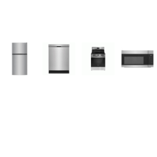 Frigidaire 4 APPLIANCE PACKAGE (1 Brushed Stainless + 3 Stainless Steel ) : 4 Upswept Smoothtop Cooking Elements and Keep Warm Element Electric Range Oven, 1.7CF OTR MW 300 CFM, 54 dBA Dishwasher Energy Star, 28 InchW 60 inchH Top-Freezer Refrigerato