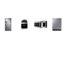 SAMSUNG 4 STAINLESS STEEL APPLIANCE PKG : 5BRS GAS RANGE Oven W/integrated griddle Self Clean, 1.6cf OTR MW 300CFM, Fully Integrated Dishwasher 53DBA, 28 cu. ft. 4-Door French Door Refrigerator External Watrer Ice Dispenser