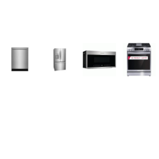 Frigidaire Gallery 4 Stainless Steel Package: Slide-In Electric Range Convection Oven Air Fry, 1.9CF OTR MW 400 CFM Sensor Cook, 52 dBA Fully Integrated OrbitClean Dishwasher ENERGY STAR, 27.8 CF French Door Refrigerator External Ice/Water Dispenser