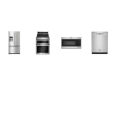 Maytag 4 FINGERPRINT RESISTANT STAINLESS : Gas Range Double Ovens True Convection, 50 dB Stainless Interior Dishwasher, 1.7 cu. ft. Over-the-Range Microwave, 24.70 cu. ft. French Door Refrigerator Exterior 