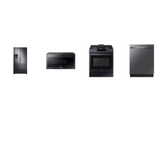 Samsung 4 BLACK STAINLESS STEEL PKG: 27CF French Door Refrigerator Ext Ice/Water Dispenser Energy Star, 30 Inch Slide-In Smart Gas Range 5 Sealed Burners Air Fry Convection Self Clean, 2.1cf Bottom Controls OTR MW 400CFM, 44 dBA Dishwasher Third Rack