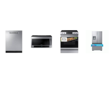 Samsung 4 STAINLESS STEEL PKG: Slide-in 5 Smoothtop Electric Range Air Fry Self Steam Clean Convection Oven, 2.1cf OTR MW 400CFM, Fully Integrated Dishwasher 48 dBA 3rd Rack ENERGY STAR, 26 cu. ft.French Door Counter Depth Refrigerator External Filte