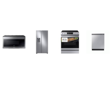 Samsung 4 STAINLESS STEEL PKG: Slide-in 5 Smoothtop Electric Range Air Fry Self Steam Clean Convection Oven, 2.1cf Bottom Controls OTR MW 400CFM, Fully Integrated Smart Dishwasher 42dBA Half Load Option, 36 inch Counter Depth Side by Side Refrigerato