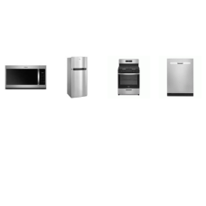 Whirlpool 4 STAINLESS : 3rd Rack 51 dBA  Dishwasher, 1.7CF OTR MW 300 CFM, Continuous Grates Gas Range Oven, 28 inchW 17.65CF Top-Freezer Refrigerator