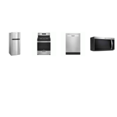 Whirlpool 4 STAINLESS : 55 dBA  Dishwasher, 1.7CF OTR MW 300 CFM, Continuous Grates 5 Burners Gas Range Oven, 28 inchW 17.65CF Top-Freezer Refrigerator