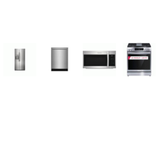 Frigidaire Gallery 4 STAINLESS STEEEL APPLIANCE PACKAGE: Slide-in Gas 5 Burnes Range Convection Oven Air Fry, 1.9CF OTR MW 400 CFM, 52 dBA Fully Integrated OrbitClean Dishwasher ENERGY STAR, 33 Inch Side by Side Refrigerator Ice Maker External Water/