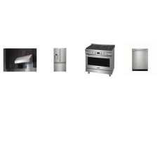 Frigidaire Professional 4 SMUDGE-PROOF STAINLESS : 36 Inch Dual Fuel Range 6 Burners Oven Dual Fan Convection, 36'' Under Cabinet Range Hood, Dishwasher 45dBA, 27.8 Cu. Ft. French Door Refrigerator WD