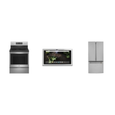 GE 3 STAINLESS : 30 Inch Smart Integrated Kitchen Hub Built-In Entertainment Ventilation System, 30 Inch Electric Smart Range Air Fry True Convection Oven, 33 Inch Counter Depth French Door Smart Refrigerator Internal Water Dispenser Ice Maker