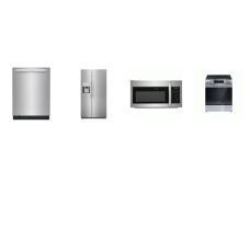 Frigidaire 4 STAINLESS STEEEL APPLIANCE PACKAGE: 30 Inch Front Control Gas Range 5 Sealed Burners Oven, 1.8CF OTR MW 300 CFM, 49 dBA Stainless Interior Fully Integrated Dishwasher 3rd Rack, 25.6 Cu. Ft. Side-by-Side Refrigerator External Ice/Water Di